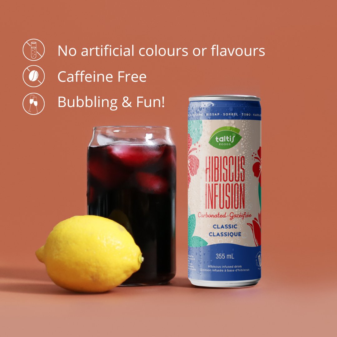 Taltis Foods Hibiscus Infusion carbonated drink can beside a glass of hibiscus beverage with ice and lemon, emphasizing no artificial colours or flavours, caffeine free, and bubbly fun, presented against a terracotta background.