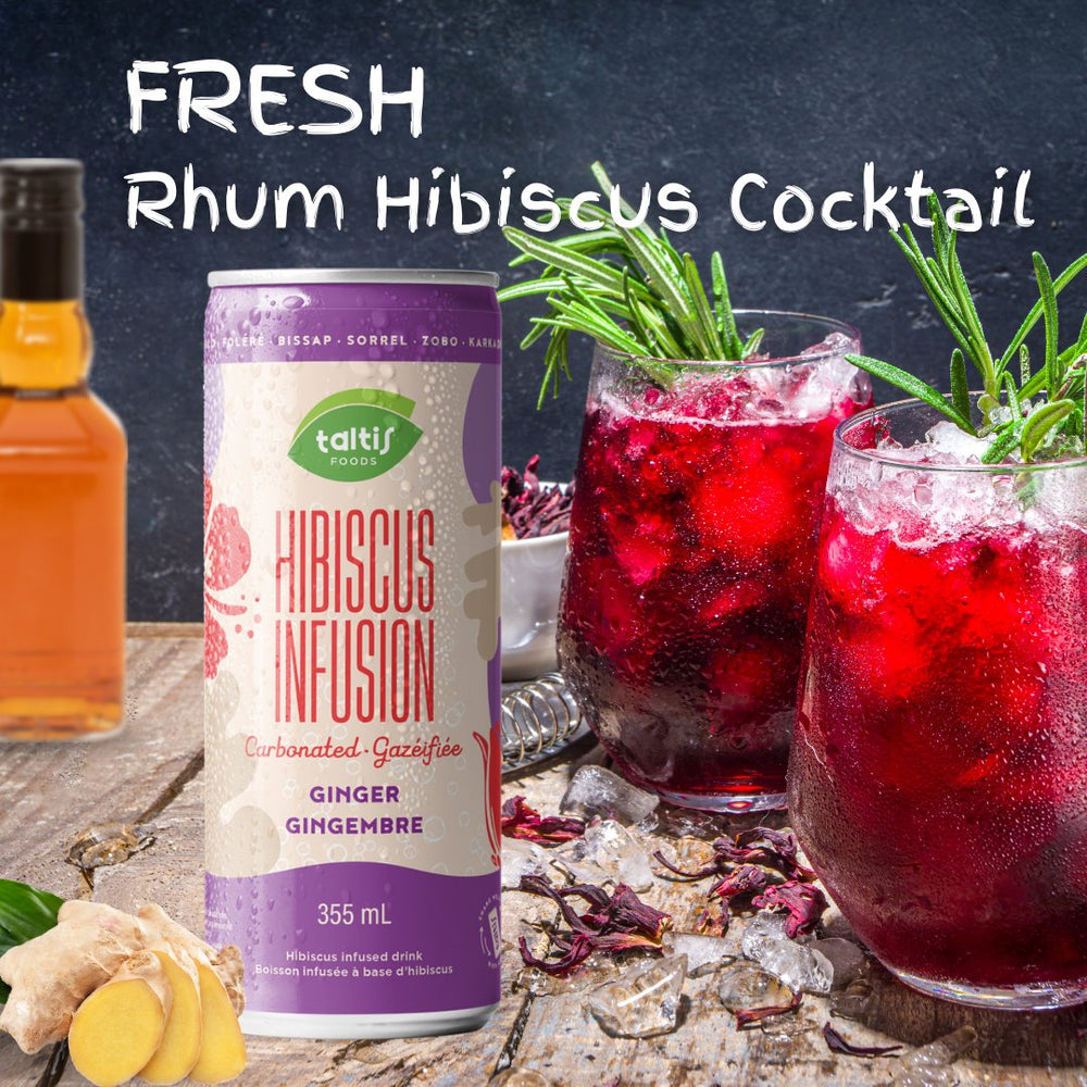 Refreshing Rhum Hibiscus Cocktail concept with Taltis Foods Hibiscus Infusion with Ginger carbonated drink, 355 mL can, accompanied by a bottle of rum and two glasses filled with the vibrant red cocktail, garnished with fresh herbs and ginger.