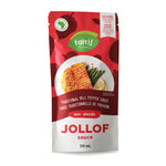 Taltis Foods Traditional Bell Pepper Jollof Sauce packaging, hot variety, 170 mL pouch showcasing a served dish with the sauce, emphasizing the heat and serve convenience, perfect for enhancing meals with a spicy kick.