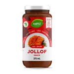 Taltis Foods Jollof Sauce in a 375 mL jar, hot variety, featuring a rich, traditional bell pepper base, labeled with a heat and serve instruction, showcasing a plated Jollof rice dish on the label, ready to add a spicy flavor to any meal.
