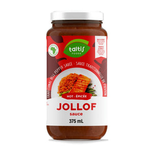 
                  
                    Load image into Gallery viewer, Taltis Foods Jollof Sauce in a 375 mL jar, hot variety, featuring a rich, traditional bell pepper base, labeled with a heat and serve instruction, showcasing a plated Jollof rice dish on the label, ready to add a spicy flavor to any meal.
                  
                