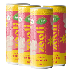 
                  
                    Load image into Gallery viewer, Quartet of Taltis Foods &amp;#39;Zooli&amp;#39; ginger-infused beverage cans, 355 mL each, with a bright and playful design featuring yellow and pink hues, sparkling droplets, and ginger root graphics, suggesting a refreshing and zesty drink option.
                  
                