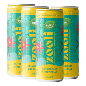 
                  
                    Load image into Gallery viewer, Four-pack of Taltis Foods &amp;#39;Zooli&amp;#39; lemongrass-infused beverage cans, 355 mL each, featuring a fresh aqua and yellow design with lemongrass blades and pink hibiscus flowers, indicating a tropical and herbal drink choice.
                  
                