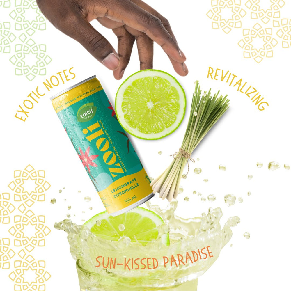 
                  
                    Load image into Gallery viewer, Taltis Foods &amp;#39;Zooli&amp;#39; lemongrass beverage can, 355 mL, with a splash of lime, fresh lemongrass, and effervescent droplets against a backdrop with text &amp;#39;Exotic Notes, Revitalizing, Sun-kissed Paradise&amp;#39;, capturing the essence of a tropical and energizing drink experience.
                  
                