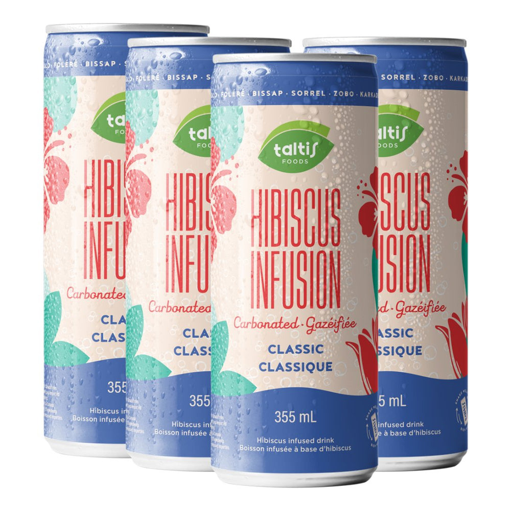 Four cans of Taltis Foods Hibiscus Infusion carbonated classic beverage, 355 mL each, displayed with vibrant hibiscus flower design.