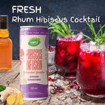 Refreshing Rhum Hibiscus Cocktail concept with Taltis Foods Hibiscus Infusion with Ginger carbonated drink, 355 mL can, accompanied by a bottle of rum and two glasses filled with the vibrant red cocktail, garnished with fresh herbs and ginger.