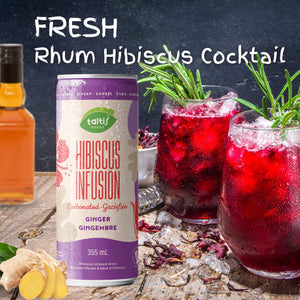 
                  
                    Load image into Gallery viewer, Refreshing Rhum Hibiscus Cocktail concept with Taltis Foods Hibiscus Infusion with Ginger carbonated drink, 355 mL can, accompanied by a bottle of rum and two glasses filled with the vibrant red cocktail, garnished with fresh herbs and ginger.
                  
                