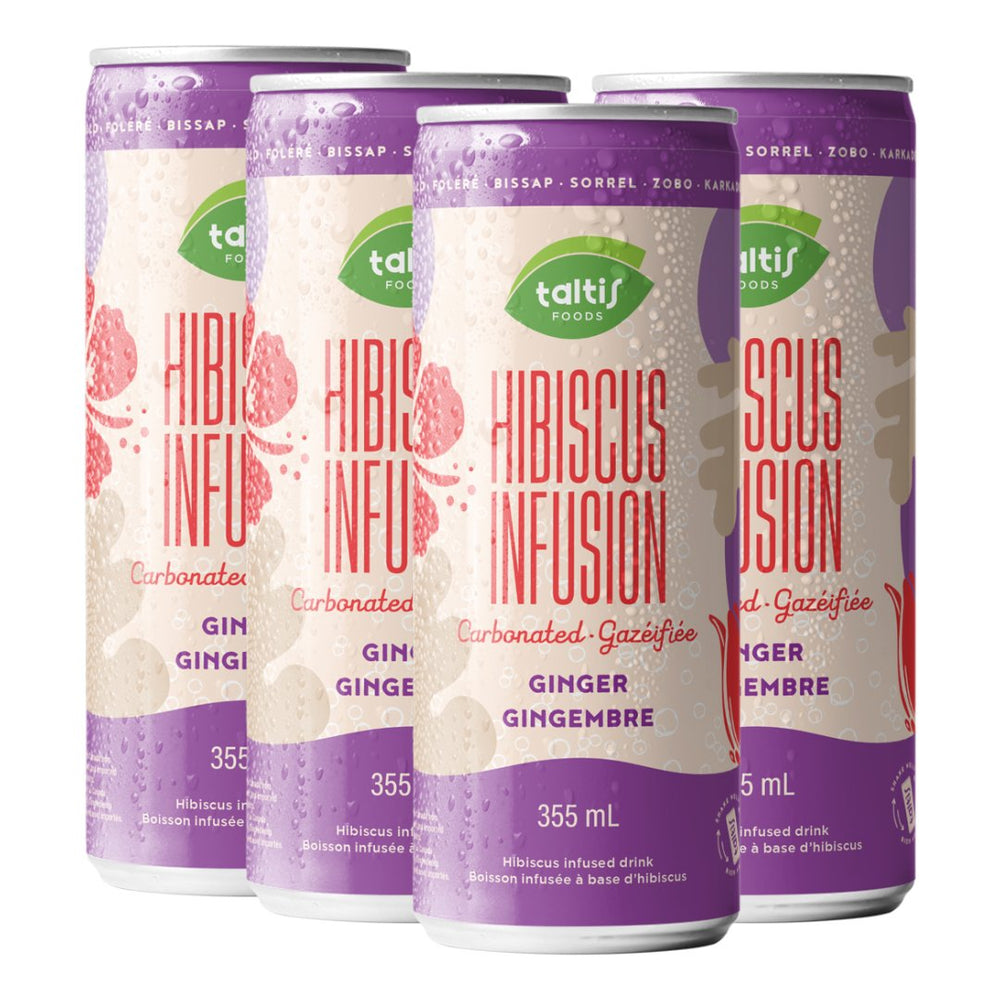 Four-pack of Taltis Foods Hibiscus Infusion with Ginger carbonated drink cans, 355 mL each, featuring a refreshing hibiscus and ginger design, highlighting the natural beverage choice.