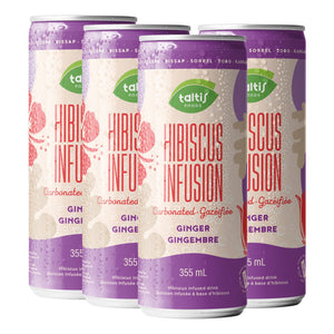 
                  
                    Charger l&amp;#39;image dans la galerie, Four-pack of Taltis Foods Hibiscus Infusion with Ginger carbonated drink cans, 355 mL each, featuring a refreshing hibiscus and ginger design, highlighting the natural beverage choice.
                  
                