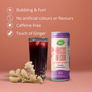 
                  
                    Load image into Gallery viewer, Taltis Foods Hibiscus Infusion with a touch of ginger carbonated drink, 355 mL can, displayed beside a full glass and fresh ginger root, with icons for being bubbly, fun, free of artificial colors or flavors, and caffeine-free, on a terracotta background.
                  
                