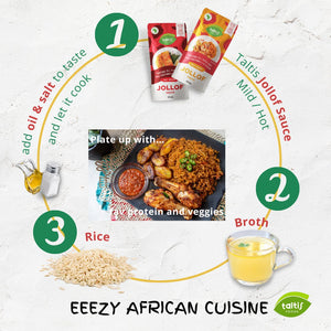 
                  
                    Load image into Gallery viewer, Step-by-step cooking guide for an easy African cuisine experience using Taltis Jollof sauces, with visual instructions to add oil and salt, mix in broth, and serve with rice, protein, and veggies, featuring Taltis Jollof sauce packs and a deliciously plated Jollof rice dish.
                  
                
