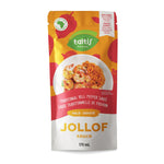 Taltis Foods Traditional Bell Pepper Jollof Sauce in a mild variant, 170 mL pouch, featuring an image of a savory shrimp and Jollof rice dish on the label, perfect for a quick and easy heat-and-serve meal option.