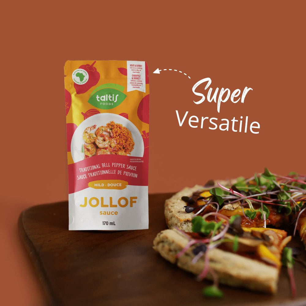 Taltis Foods Mild Jollof Sauce in a 170 mL pouch, presented as 'Super Versatile' against a rustic background, with a gourmet pizza garnished with fresh herbs suggesting the sauce's wide range of culinary uses.