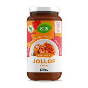
                  
                    Load image into Gallery viewer, Jar of Taltis Foods Mild Jollof Sauce, 375 mL, showcasing the vibrant sauce with an image of a shrimp and rice dish on the label, ideal for a flavor-packed yet gentle heat addition to meals.
                  
                