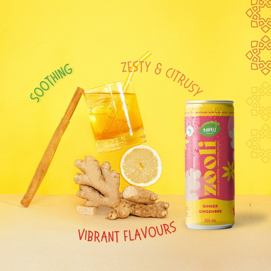 Taltis Foods 'Zooli' ginger beverage, 355 mL can, displayed next to a glass of iced drink with a straw, surrounded by fresh ginger and lemon slice, against a yellow background with 'Soothing', 'Zesty & Citrusy', 'Vibrant Flavours' text, conveying the drink's refreshing taste.