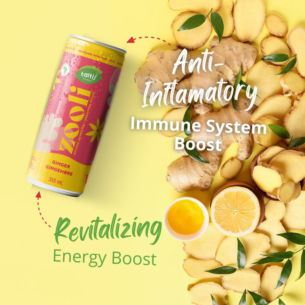 Can of Taltis Foods 'Zooli' ginger beverage, 355 mL, on a vibrant yellow background surrounded by fresh ginger slices and lemon, highlighted with benefits like 'Anti-Inflammatory', 'Immune System Boost', and 'Revitalizing Energy Boost'.