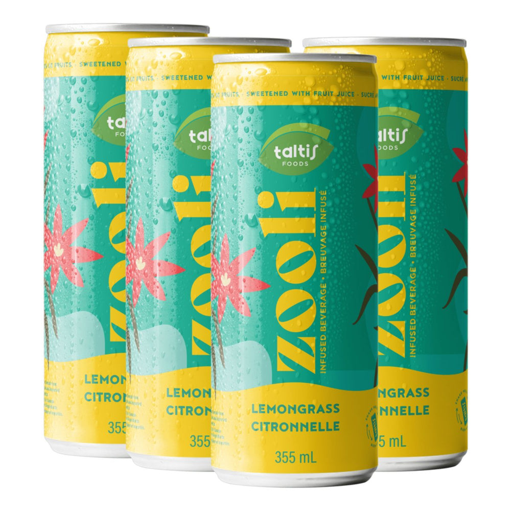 Four-pack of Taltis Foods 'Zooli' lemongrass-infused beverage cans, 355 mL each, featuring a fresh aqua and yellow design with lemongrass blades and pink hibiscus flowers, indicating a tropical and herbal drink choice.