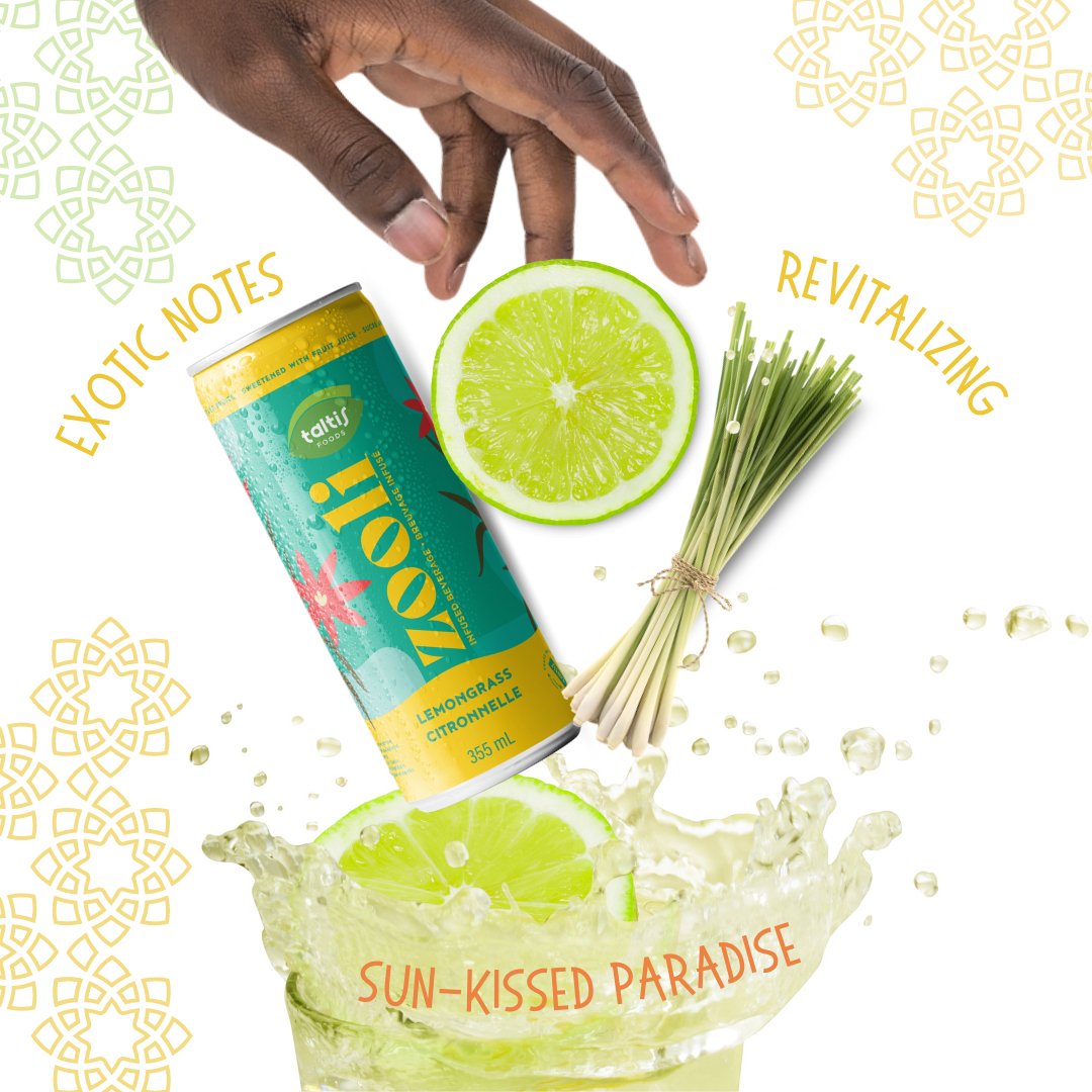 Taltis Foods 'Zooli' lemongrass beverage can, 355 mL, with a splash of lime, fresh lemongrass, and effervescent droplets against a backdrop with text 'Exotic Notes, Revitalizing, Sun-kissed Paradise', capturing the essence of a tropical and energizing drink experience.