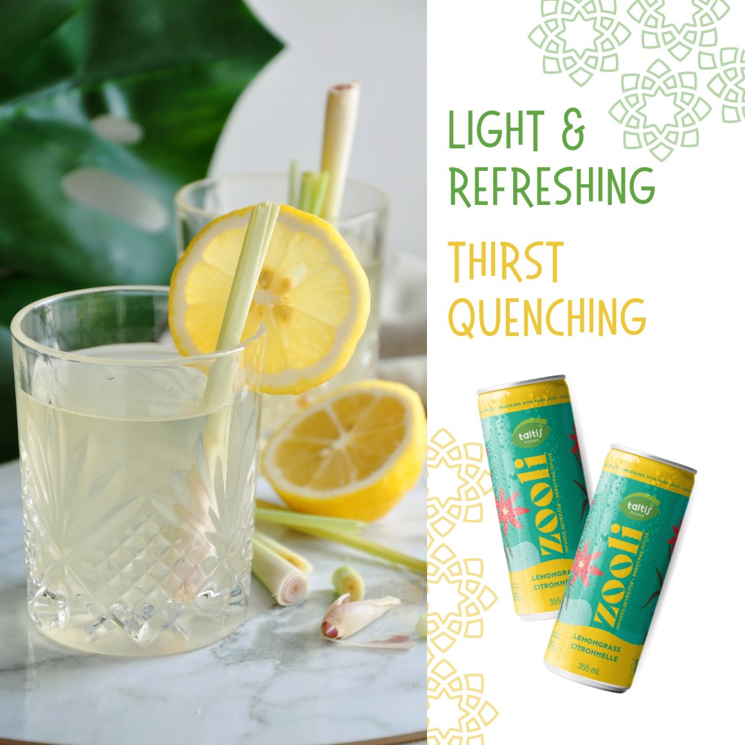 Chilled glass of Taltis Foods 'Zooli' lemongrass beverage with a lemon wheel garnish, alongside two cans of the same drink, set against a backdrop with text 'Light & Refreshing, Thirst Quenching', highlighting the drink's light and hydrating qualities.